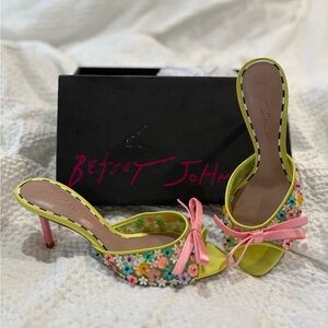 Betsey Johnson Yellow Heels with Floral and Pink Bow